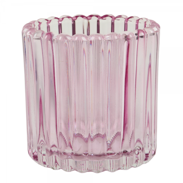 Teelichtglas, Windlicht mit Rillenstruktur in Rosa, 75 mm.
