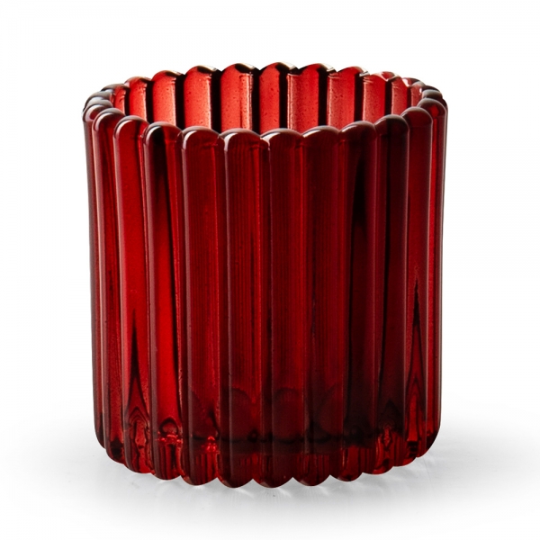 Teelichtglas, Windlicht mit Rillenstruktur in Rot, 75 mm.
