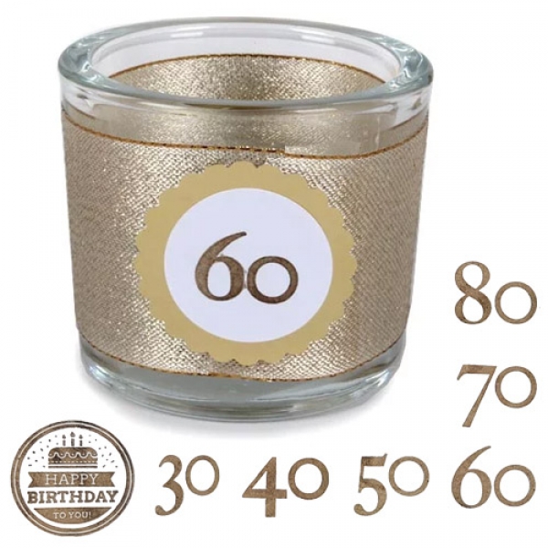 Kerzenglas Geburtstag, Glitzerband in Gold mit auswählbarer Jahreszahl, 80 mm.