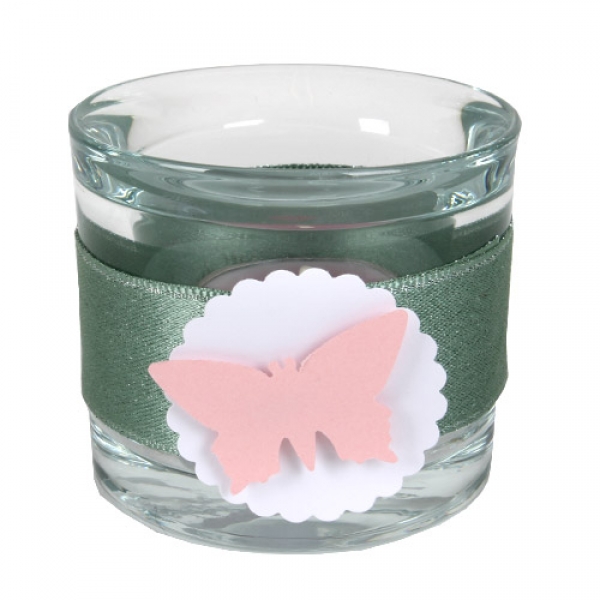 Teelichtglas Taufe, Kommunion, Schmetterling, 65 mm.