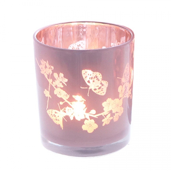 Teelichtglas Schmetterlinge und Blütenzweige in Zartrosa verspiegelt, 80 mm.