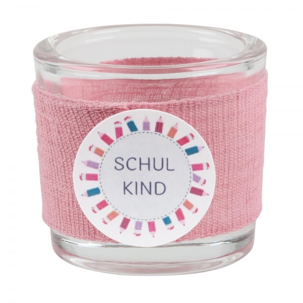 Teelichtglas Einschulung in Rosa, Schriftzug in Flieder, 65 mm.