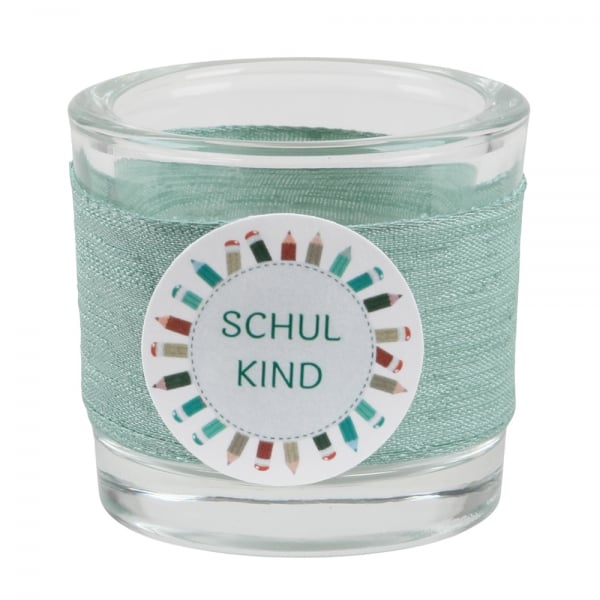 Teelichtglas Einschulung in Eukalyptus, Schriftzug in Grün, 65 mm.