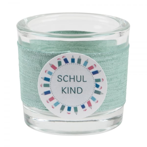 Teelichtglas Einschulung in Eukalyptus, Schriftzug in Petrol, 65 mm.