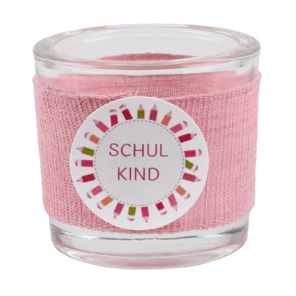 Teelichtglas Einschlung in Rosa, Schriftzug in Pink, 65 mm.