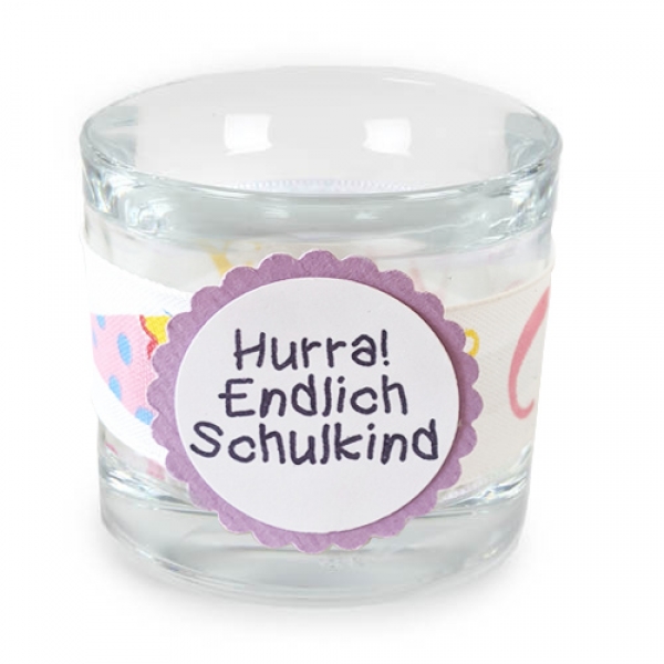 Teelichtglas Einschulung -Hurra! Endlich Schulkind-, 65 mm.