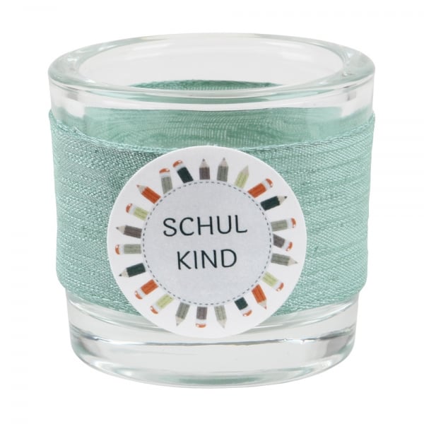 Teelichtglas Einschulung in Eukalyptus, Schriftzug in Tafelgrün, 65 mm.