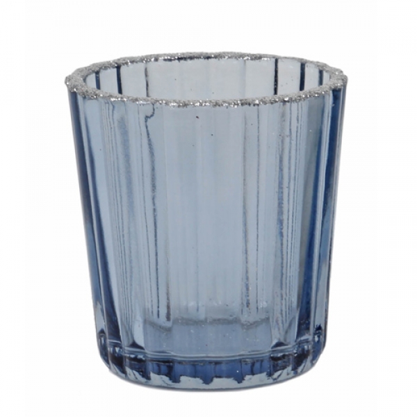 Teelichtglas mit Silber-Glitzerrand in Blau, 60 mm.