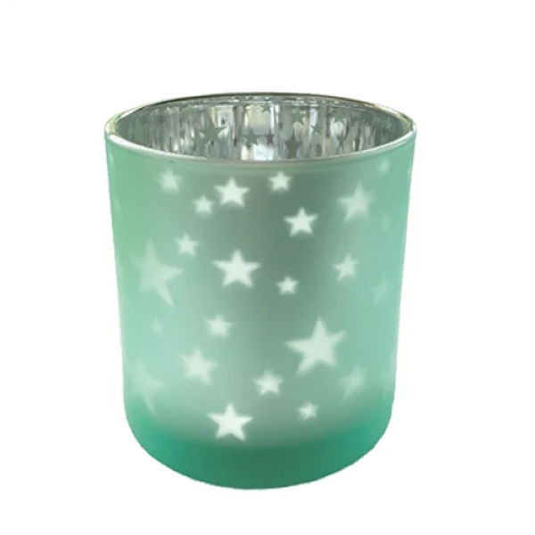 Teelichtglas Sterne in Mintgrün/Silber, 78 mm.