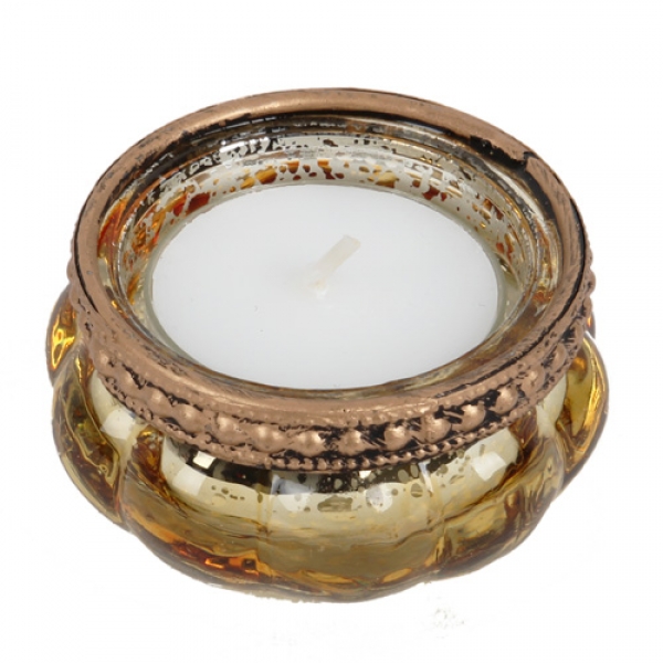 Teelichtglas Vintage in Gold verspiegelt mit Metallrand in Antik-Gold, 60 mm.