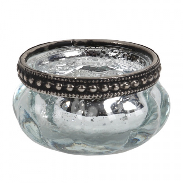 Teelichtglas Vintage in Silber verspiegelt mit Metallrand in Antik-Silber, 60 mm.
