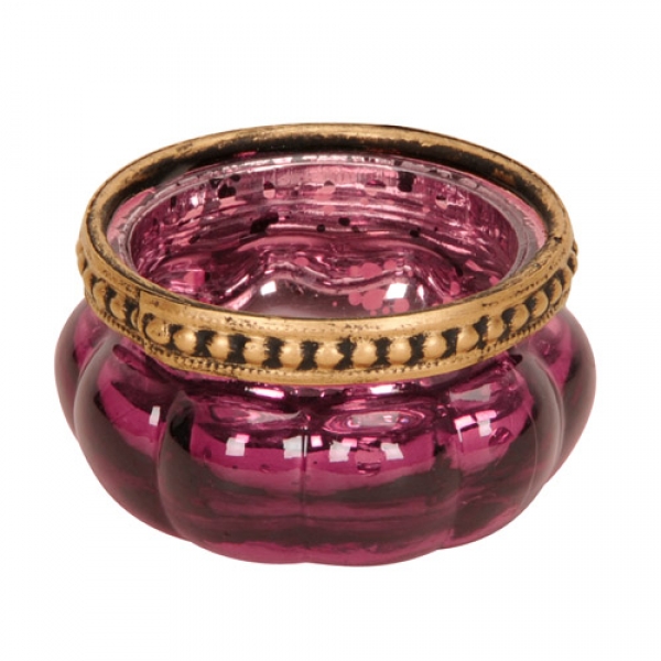 Teelichtglas Vintage in Beere verspiegelt mit Metallrand in Antik-Gold, 60 mm.