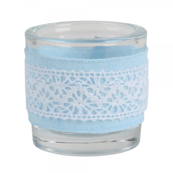 Teelichtglas Vintage mit Band in Hellblau, 65 mm.