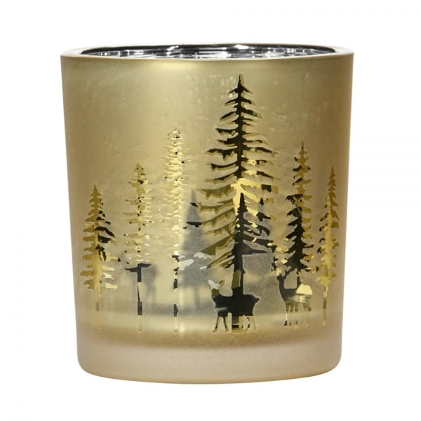 Teelichtglas Winterwald in Gold, innen verspiegelt, 80 mm.