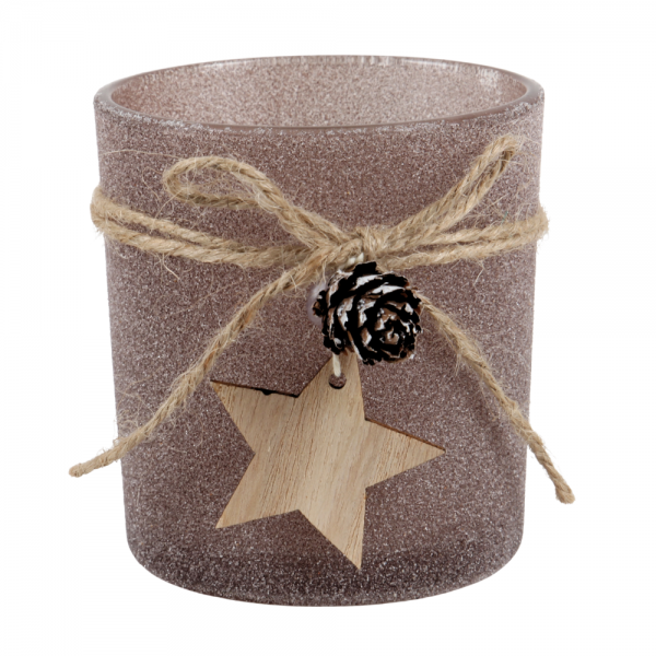Teelichtglas Weihnachten, Frostoptik, mit Stern, in Braun, 80 mm.