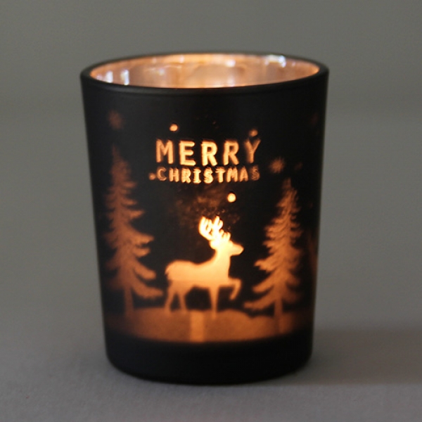 Teelichtglas Winterwald -Merry Christmas- in Dunkelgrau/Silber verspiegelt, 65 mm, inkl. Teelicht.