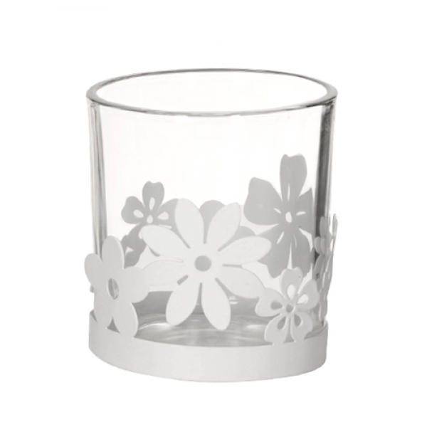 Teelichtglas Teelichtglas mit Metall Blumen in Weiß, 78 mm. in Weiß, 78 mm.