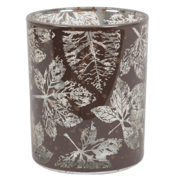 Herbst Teelichtglas Blätter in Dunkelbraun, Silber verspiegelt, 80 mm.