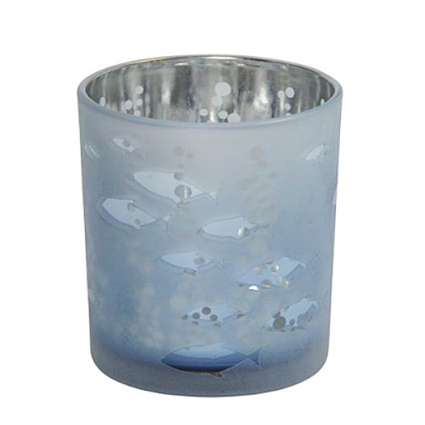 Teelichtglas Fische in Blau matt/innen verspiegelt, 78 mm.