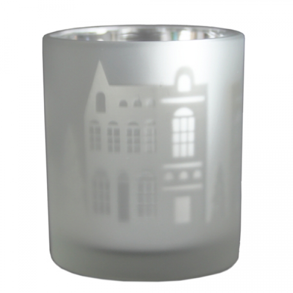Teelichtglas Haus Silhouetten verspiegelt in Weiß matt, 85 mm.