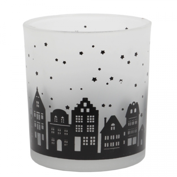 Teelichtglas matt satiniert mit Häusern in Schwarz, 80 mm.