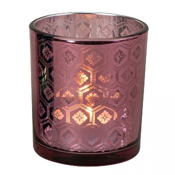 Teelichtglas, Windlicht Ornamente in Altrosa verspiegelt, 80 mm.