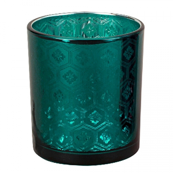Teelichtglas, Windlicht Ornamente in Smaragdgrün verspiegelt, 80 mm.