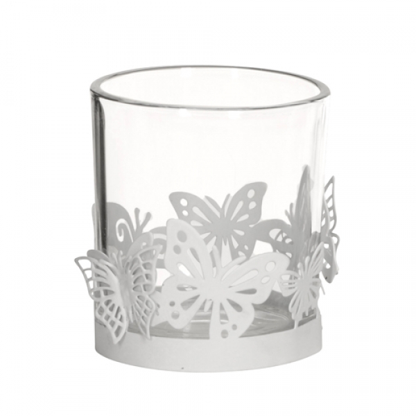 Teelichtglas mit Metall Schmetterlingen in Weiß, 78 mm.