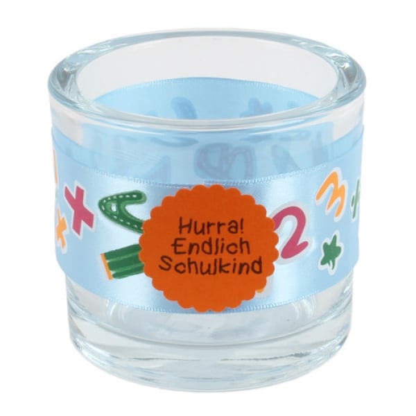 Kerzenglas Einschulung mit Band, Button in Hellblau/Orange, 80 mm.