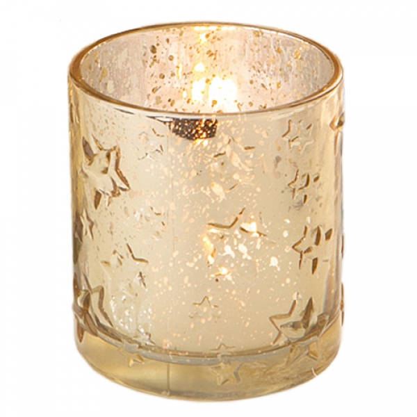 Großes Teelichtglas Weihnachten, Sterne in Gold/Silber verspiegelt, 10 cm.