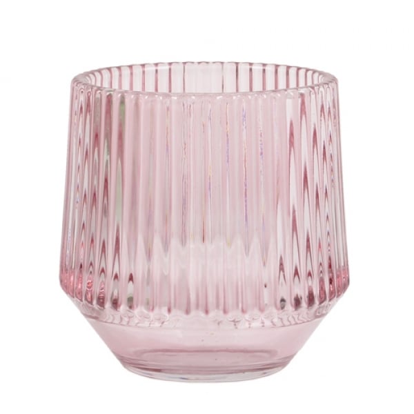 Glas Windlicht Vintage, konisch, gestreift in Rosa, 80 mm.