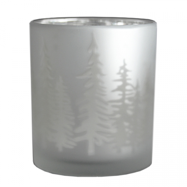 Teelichtglas Tannenwald verspiegelt in Weiß matt, 85 mm.