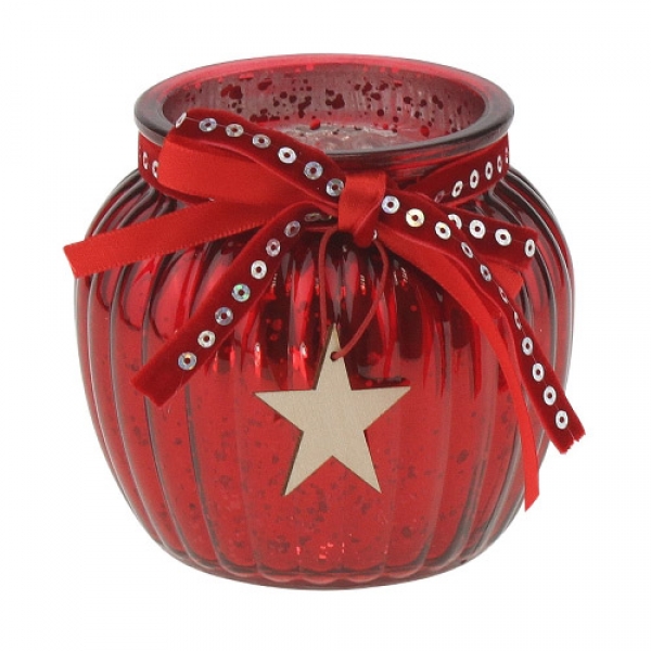 Glas Windlicht, Weihnachten mit Holz Stern in Rot, verspiegelt, 10,5 cm .