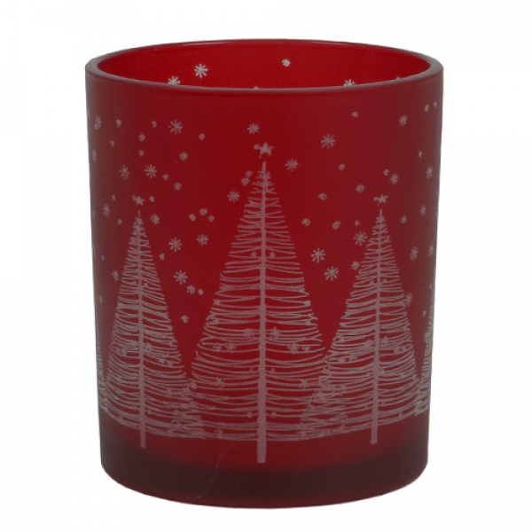 Teelichtglas Moderner Winterwald in Rot/Weiß, 80 mm.