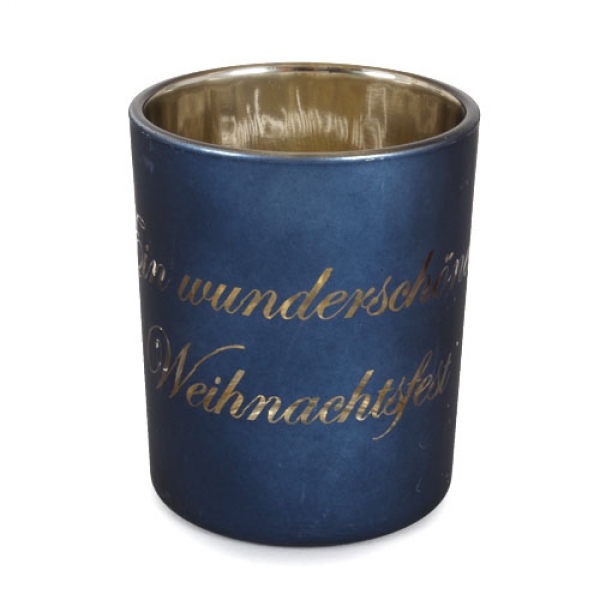 Teelichtglas -Ein wunderschönes Weihnachtsfest- in Blau/Gold verspiegelt, 75 mm.
