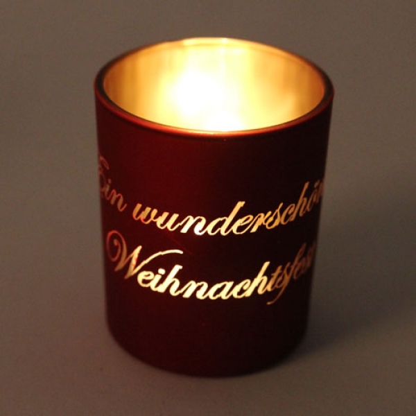 Teelichtglas -Ein wunderschönes Weihnachtsfest- in Rot/Gold verspiegelt, 75 mm.