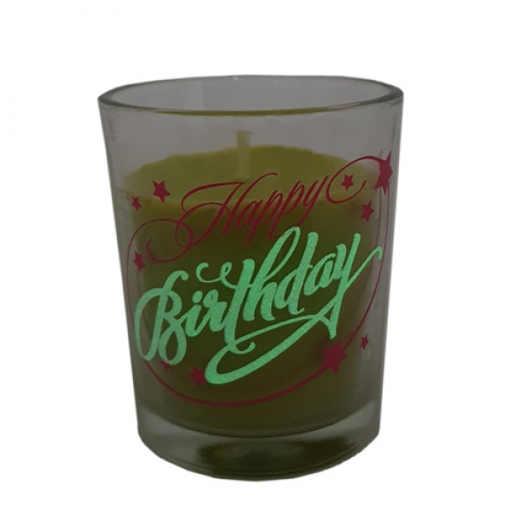 Leuchteffekt Teelichtglas -Happy Birthday- mit Kerze in Pink, leuchtet im Dunkeln, 65 mm