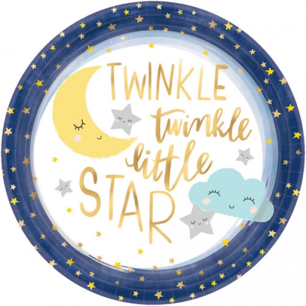 8 Teller Babyparty, Kindergeburtstag, -Twinkle, twinkle little Star- Blau/Gold metallic, 26,7 cm.