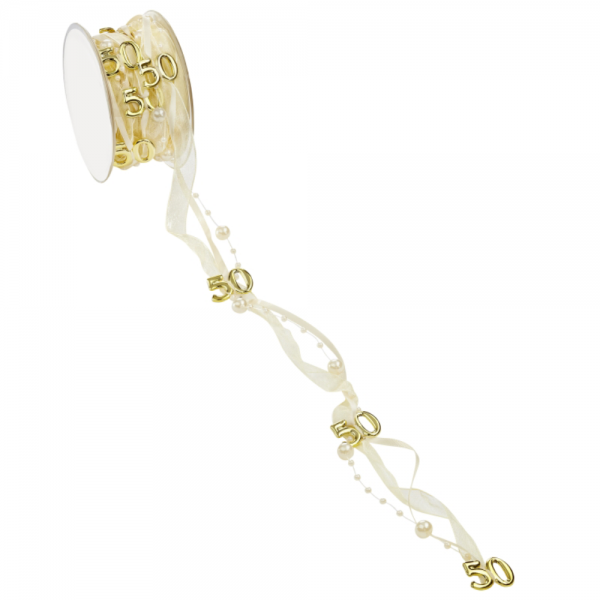 5 Meter Trendy Tischband mit Perlen und Zahl 50 in Creme/Gold.
