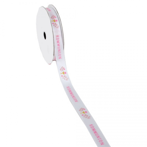 20 Meter Tischband, Schleifenband -Kommunion- in Weiß/Rosa-Pink, 15 mm