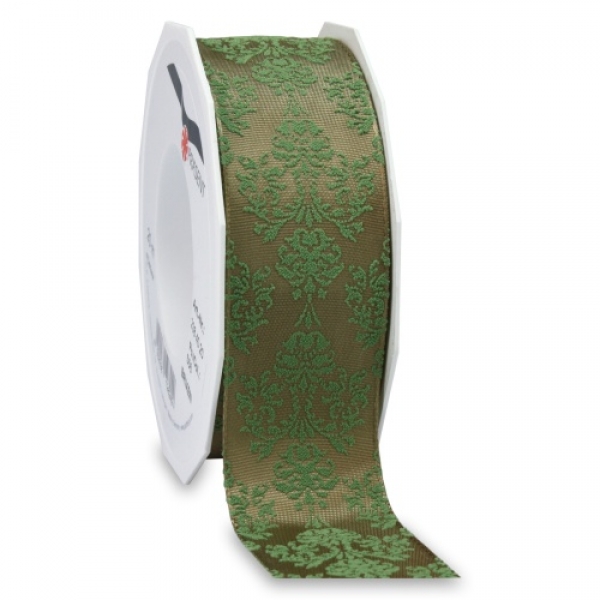 20 Meter Tischband, Ornamente in Taupe/Pistache, beflockt, 40 mm mit Drahtkante.