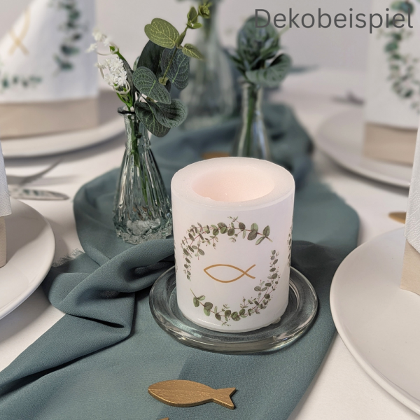 Dekobeispiel Tischdeko Kommunion Konfirmation Farbe Eukalyptus 3