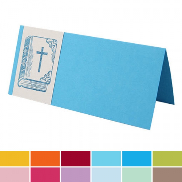 Tischkarte Kommunion, Konfirmation mit Bibel in Blau, Lichtgrau.