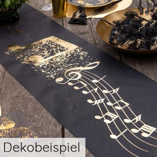 5 Meter Vlies Tischläufer Noten, Musik in Schwarz/Gold, 30 cm.