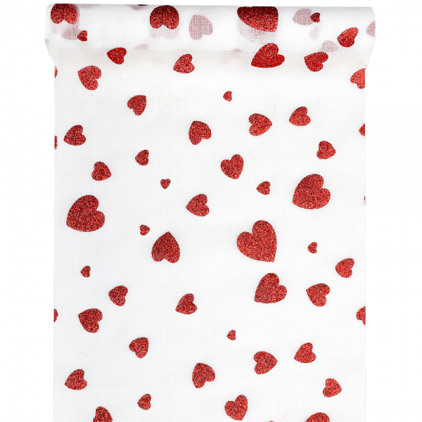 3 Meter Gaze Tischläufer Valentinstag, Herzen in Rot glitzernd, 28 cm.