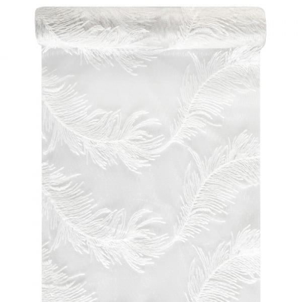 3 Meter Tischläufer Federn in Weiß/Transparent, 25 cm.