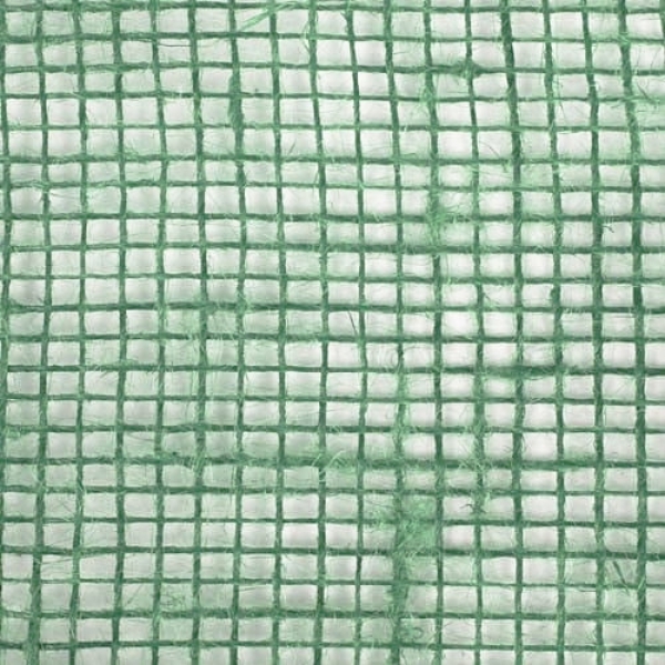 10 Meter Jute Tischband, schmal, grobmaschig in Waldgrün, 15 cm, Nahaufnahme.