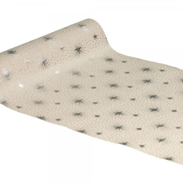 3 Meter Leinen-Optik Tischläufer Weihnachten, Sternenglanz in Silber, 28 cm.