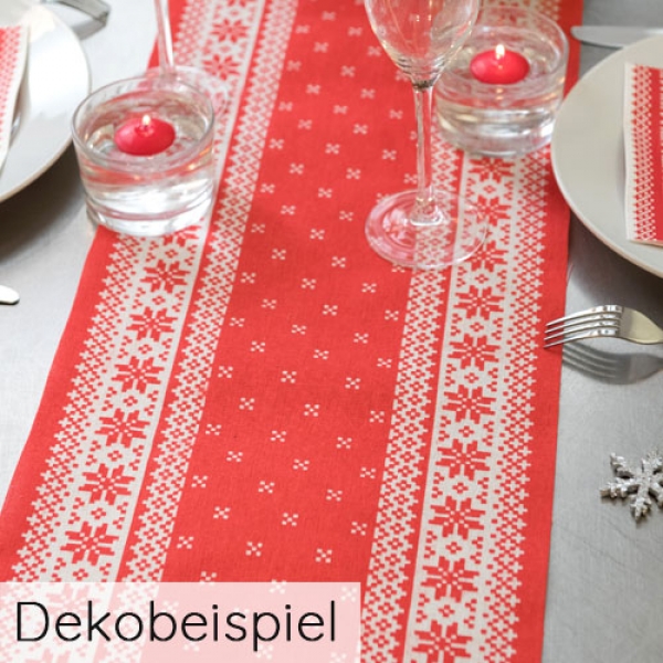 3 Meter Baumwoll Tischläufer Weihnachten, Nordisches Wintermuster in Rot/Wollweiß, 30 cm.