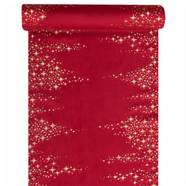 2,5 Meter Velours Tischläufer Weihnachten, Sterne in Rot/Gold, 26 cm.
